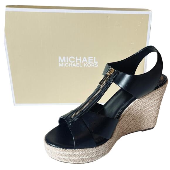 Michael Kors Roslyn Wedge Shoes Womens 10 Vegan Leather Zip Sandal Shoe Box New - Picture 1 of 10